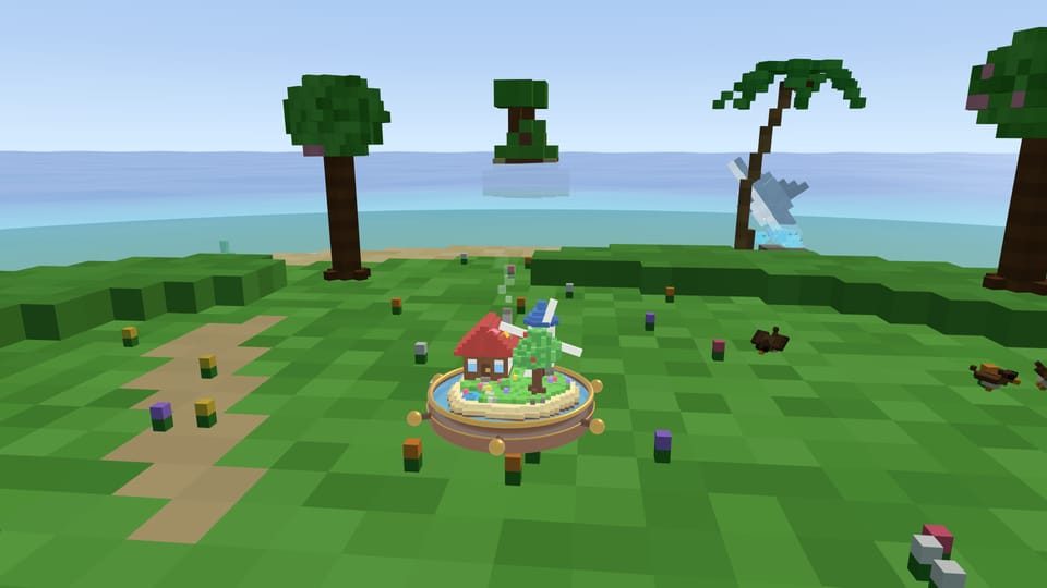 The island puzzle seen standing, with the beach, palms and sea stretching around it