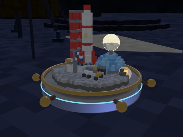 Moon Base: a rocket, a dome and a rover on grey lunar ground