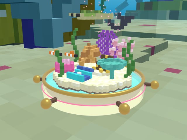 Coral Reef: pink and purple corals, seaweed and fish on a sandy seabed