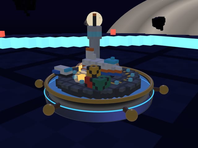 Starship: a space station beside a ringed planet, lit in blue